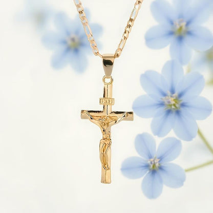 ✝️ 50% OFF NOW! ✨ Gold Crucifix Necklace – Detailed INRI Motif, Adjustable Figaro Chain & Hypoallergenic Finish 💛
