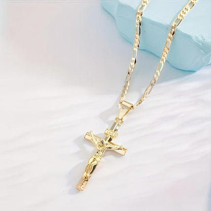 ✝️ 50% OFF NOW! ✨ Gold Crucifix Necklace – Detailed INRI Motif, Adjustable Figaro Chain & Hypoallergenic Finish 💛