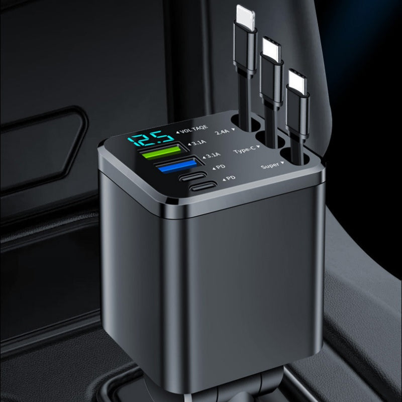 7-in-1 Retractable Fast Car Charger with Voltage Display