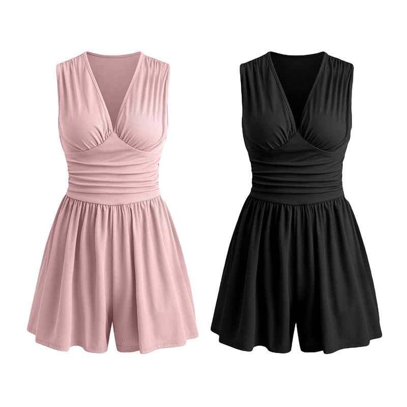 Women's Sleeveless V-Neck Ruched Waist Romper