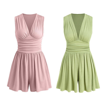 Women's Sleeveless V-Neck Ruched Waist Romper