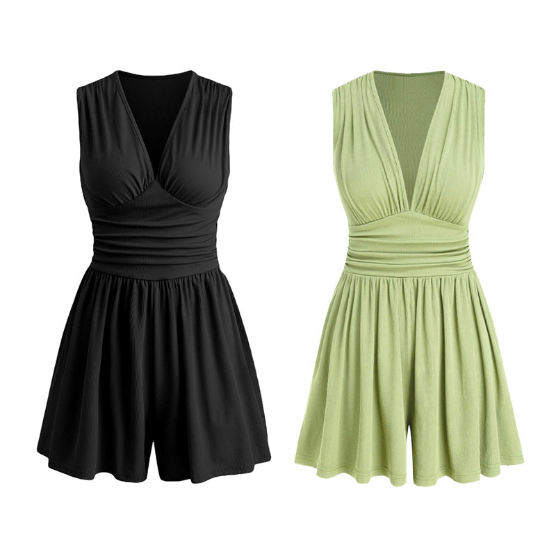 Women's Sleeveless V-Neck Ruched Waist Romper
